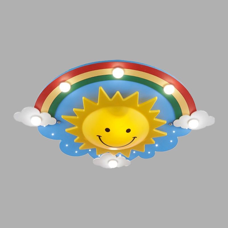Holz-Regenbogen- und Sonnen-Deckenleuchte im Cartoon-Stil, 6 Köpfe, gelbe Deckenleuchte