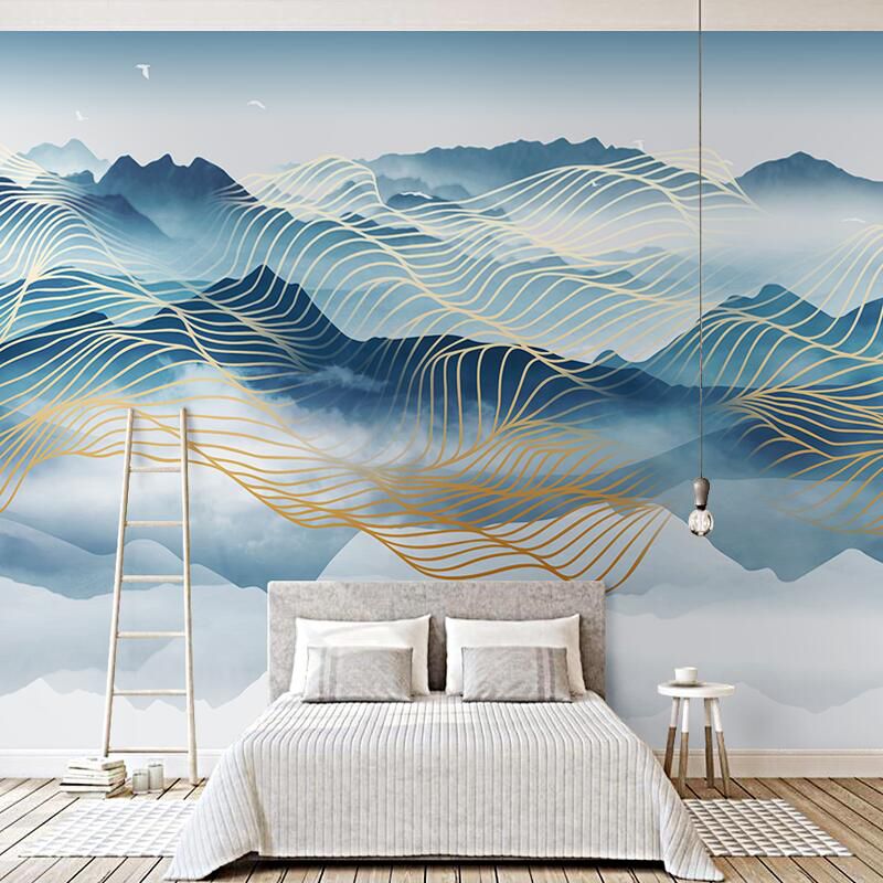 Natural Turquoise Murals with Mountain and Trellis Pattern for Accent Wall, Non-Woven Material