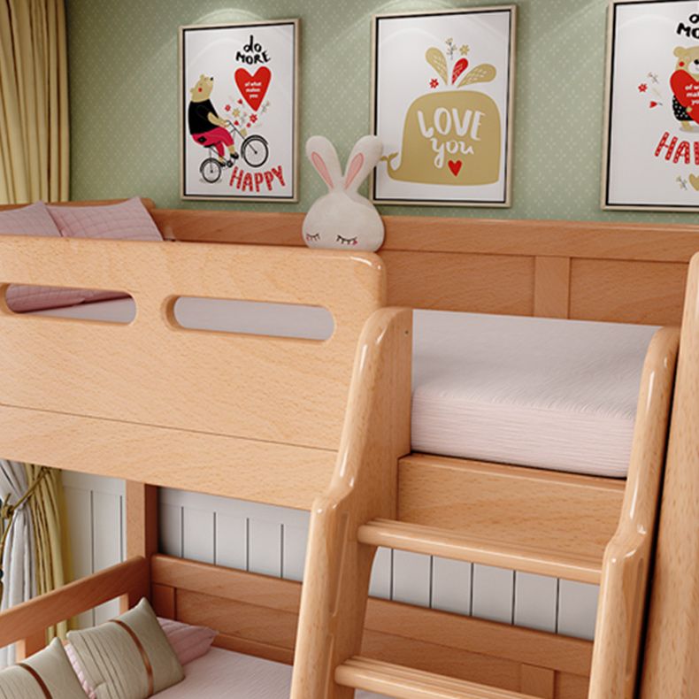 Natural Solid Wood Kids Bed Natural Bunk Bed with Guardrail and Mattress