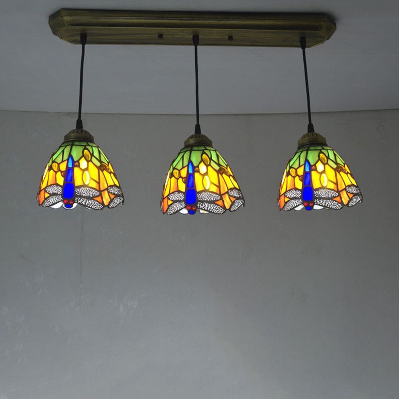Cut Glass Drop Lamp Dome 3 Bulbs Mediterranean Pendant Lighting Fixture with Dragonfly Pattern