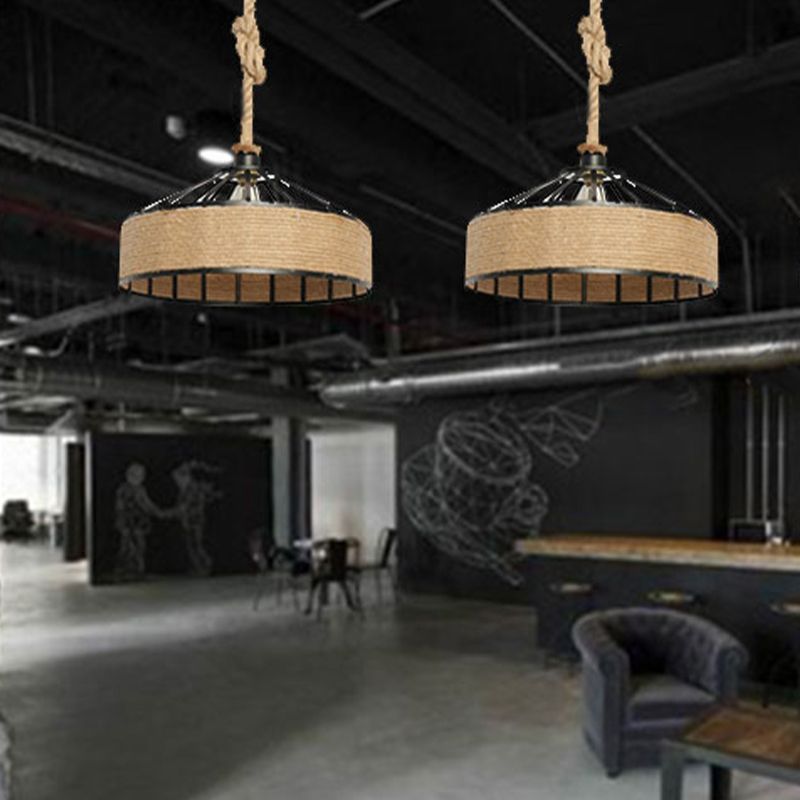 Fun a sospensione della corda di canapa a drum, illuminazione del ristorante industriale in beige