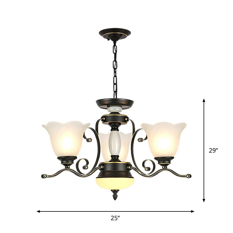 3/6 Heads Blossom Chandelier Lamp Traditional Black Opaline Glass Suspension Lighting with Scroll Arm