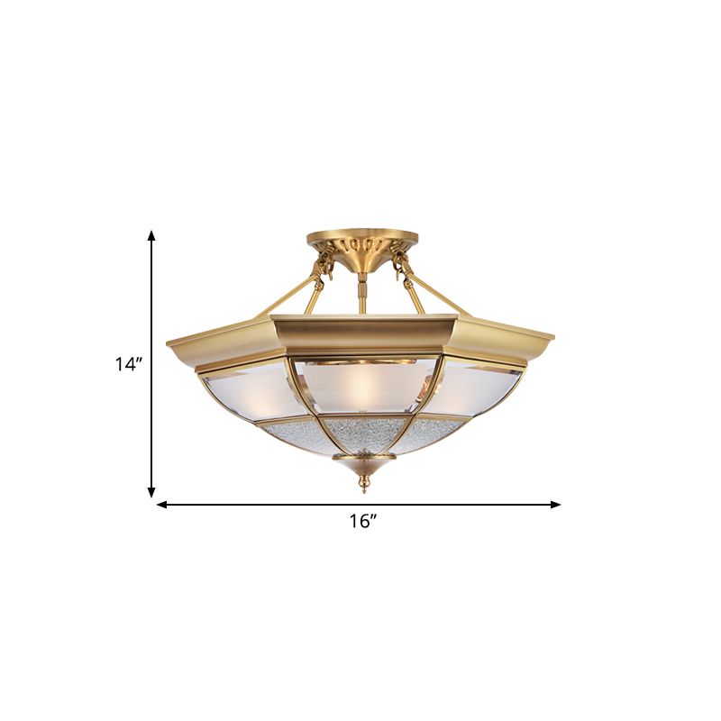 3/4-Light White Glass Semi Flush Colonialist Brass Inverted Living Room Close to Ceiling Lighting, 16"/19.5" W