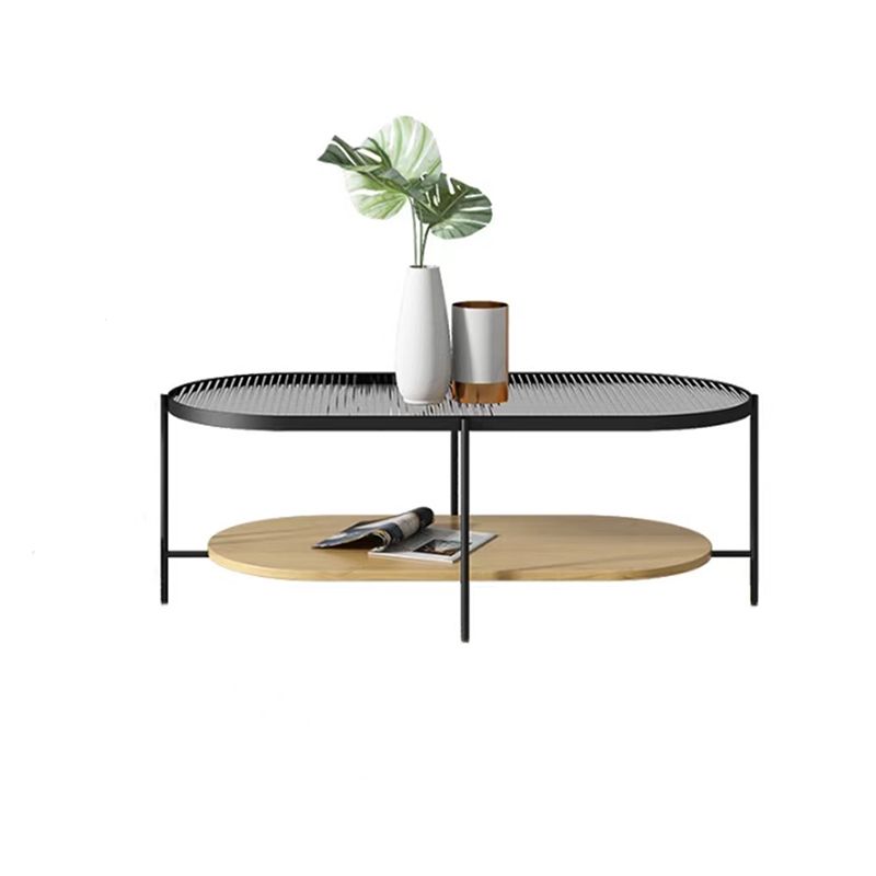Glass Cross Legs Cocktail Table with Wood Accents Elliptical Coffee Table