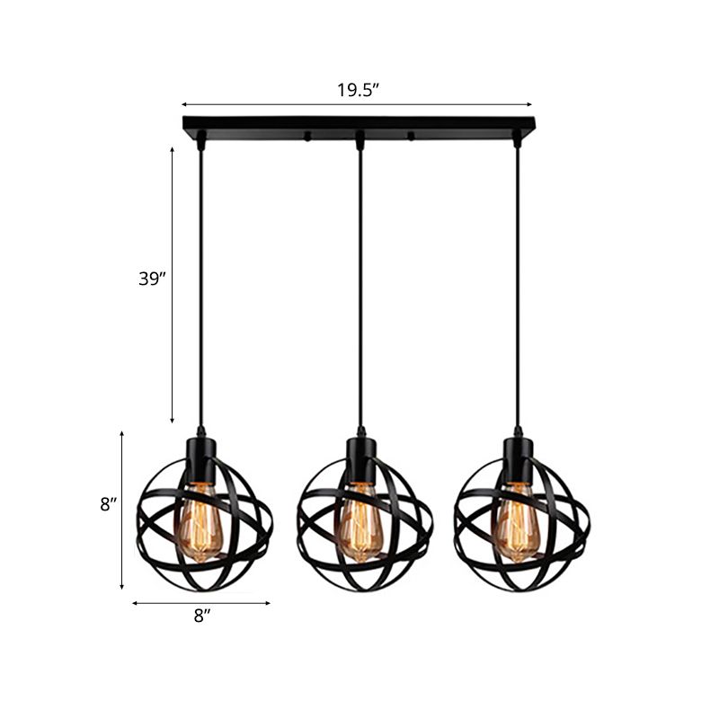 3 Lights Spherical Pendant Light Fixture Industrial Black Metal Hanging Light with Wire Guard for Dining Room