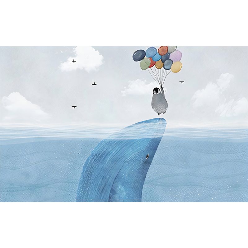 Blue Penguin and Balloon Mural Stain-Resistant for Boy's or Girl's Bedroom