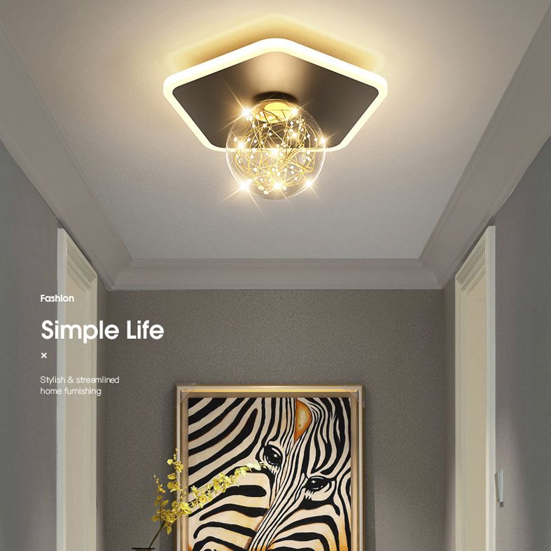 Stylish Modern Flush Mount Lamp Black Starry Ceiling Fixture with Ball Glass Shade for Hallway