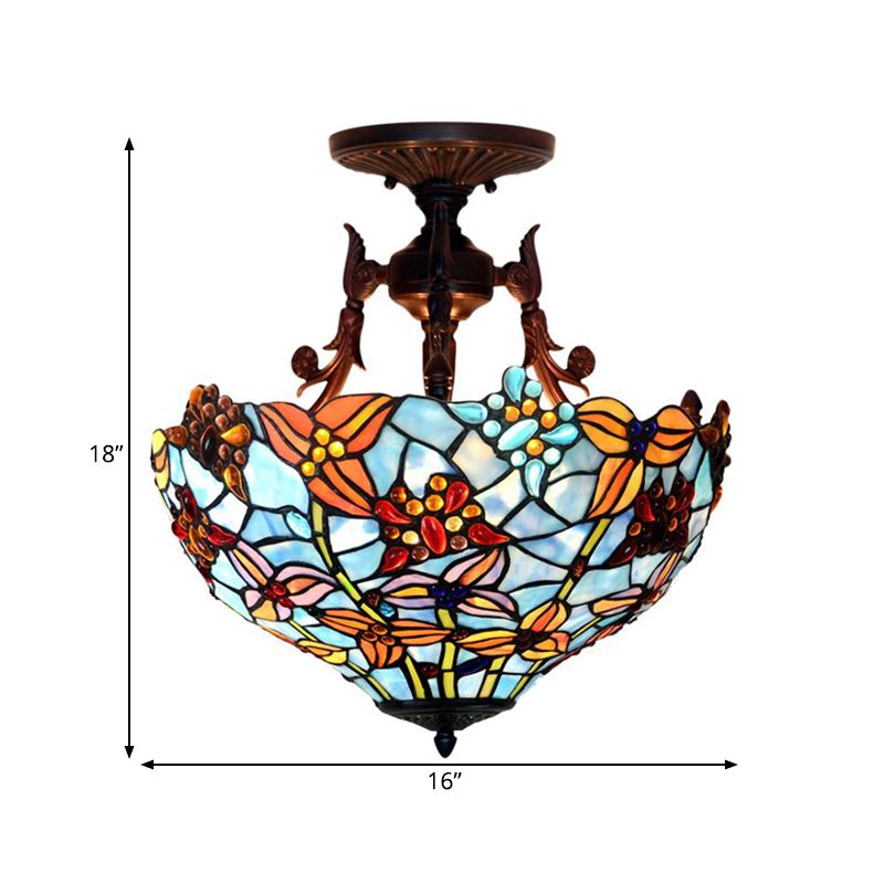 3 Lights Domed Semi Mount Lighting Victorian Blue/Light Blue Stained Glass Ceiling Light Fixture for Kitchen