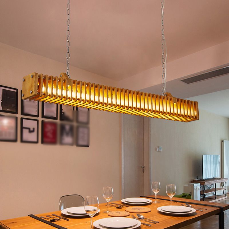 Modern Metal Ceiling Light Rectangle Shape Island Light with Wood Shade for Living Room