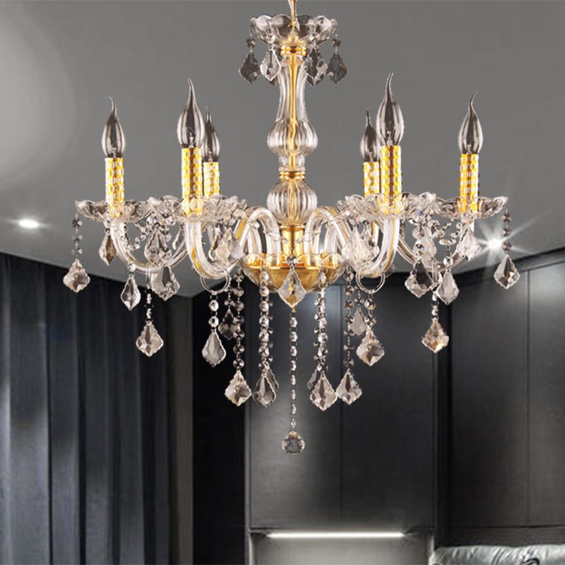 Candle Crystal Orb Chandelier Light Traditional 6 Heads Dining Room Hanging Ceiling Light in Gold