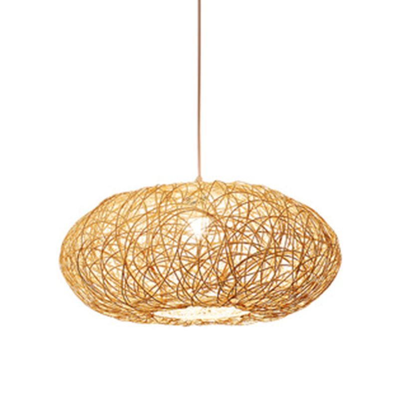 1 Light Rounded Drum Hanging Ceiling Lights Chinese Rattan Suspension Pendant Light for Restaurant