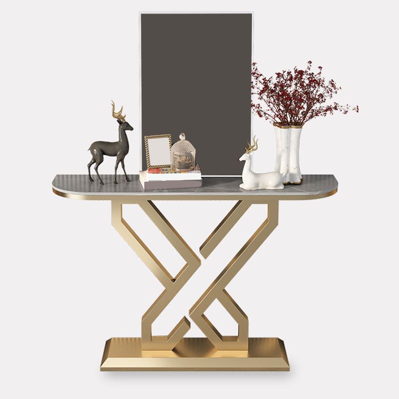 Glam Metal Accent Table Half Moon Stone Sofa Console Table for Hall