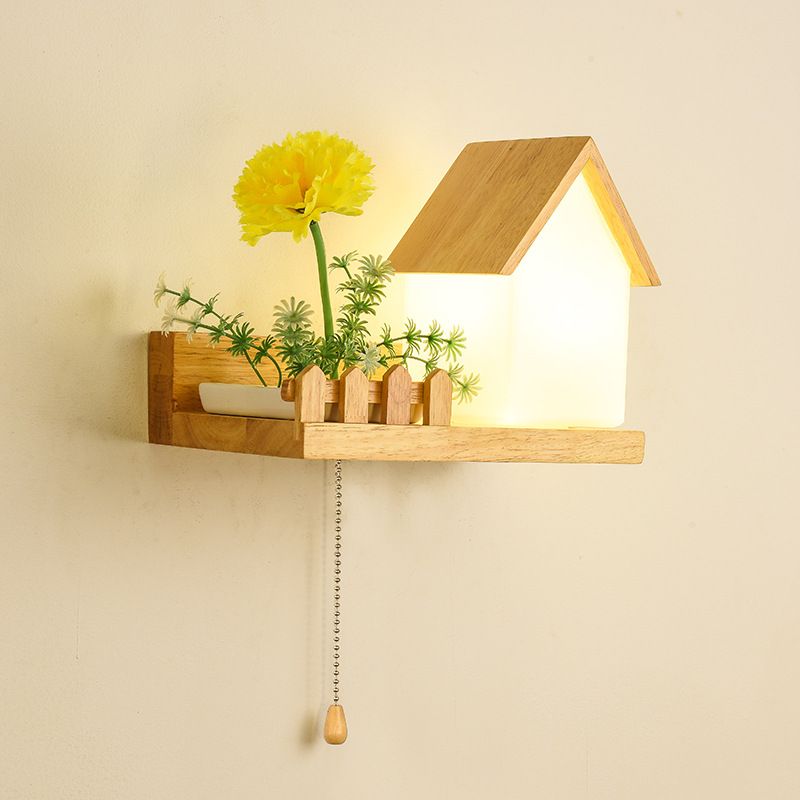 Modern Style House Shape Wall Light Wood 1 Light Sconces for Bedroom without Plant