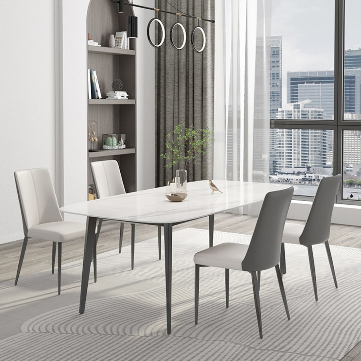 White Contemporary Rectangular Stone Dining Table with Steel Base