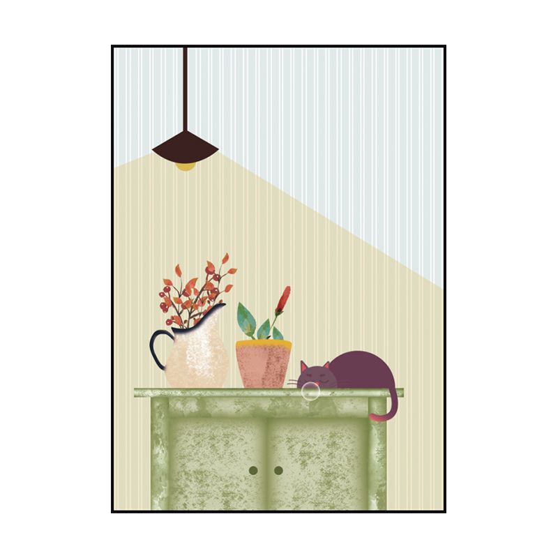 Kitty and Potted Plant Art Print Kids Style Textured Surface Sitting Room Canvas
