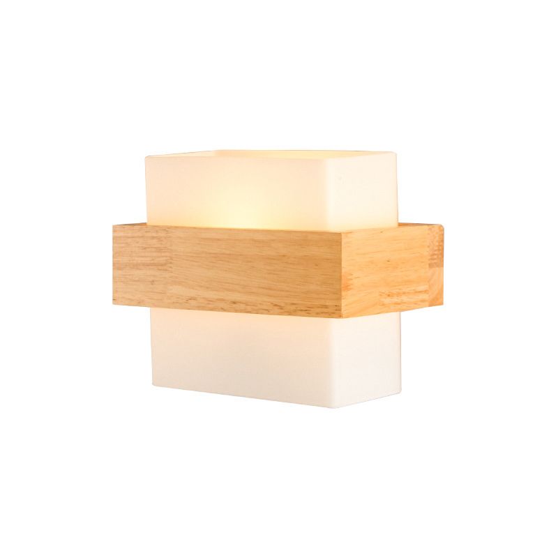 White Glass Rectangle Sconce Lighting Modern Single-Bulb Wall Light Fixture with Wooden Decor