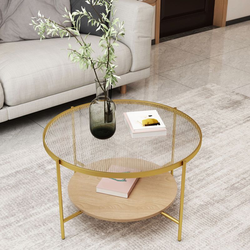 17.7" H Modern Round Glass Coffee Table Steel 4 Legs Cocktail Table with Shelf