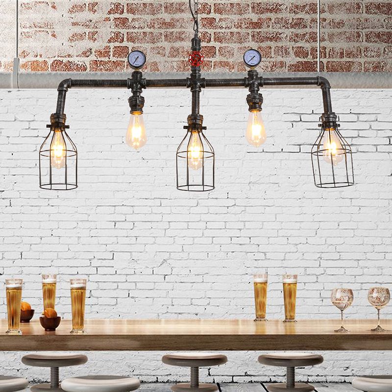 Pipe and Gauge Metal Island Lighting Industrial 5 Lights Restaurant Suspension Light with Cage in Black