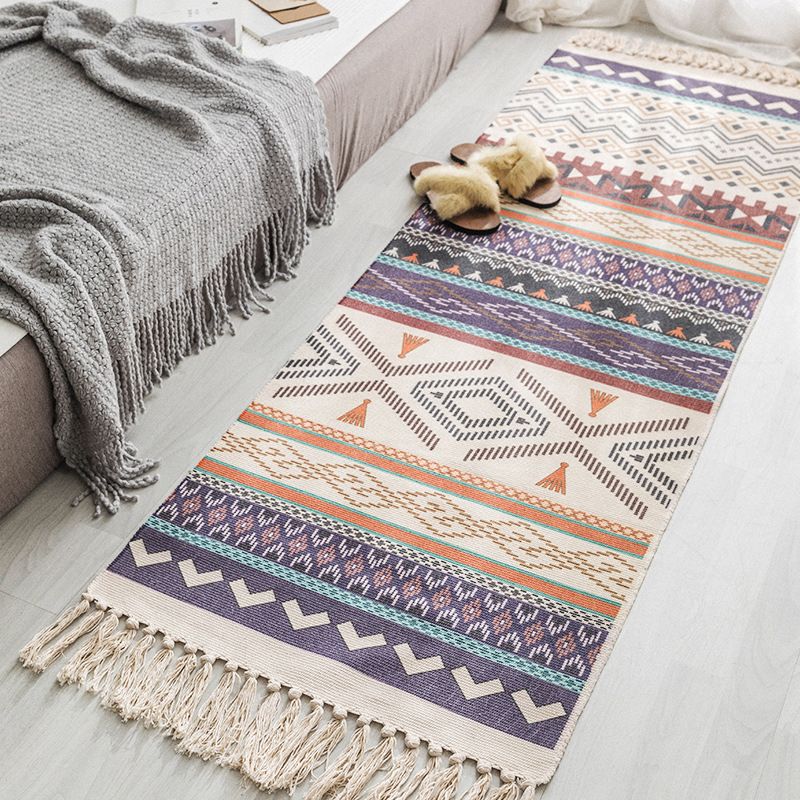 Blue Bohemian Style Rug Cotton Seamless Geometric Rug Pet Friendly Carpet for Indoor