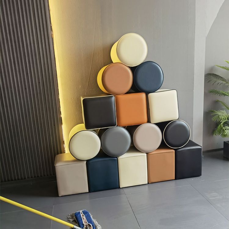 Minimalist Square Footstool Ottoman Pure Color Genuine Leather Ottoman