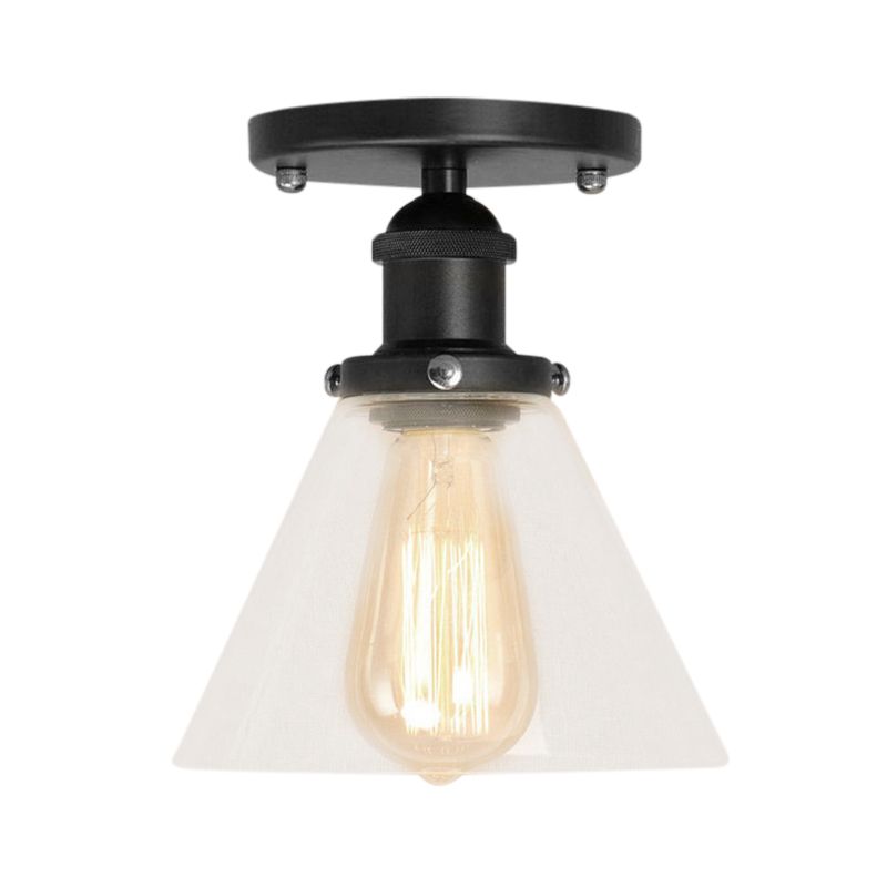 Single Bulb Semi-Flush Mount Industrial Conical Clear Glass Ceiling Light in Black / Brass / Copper