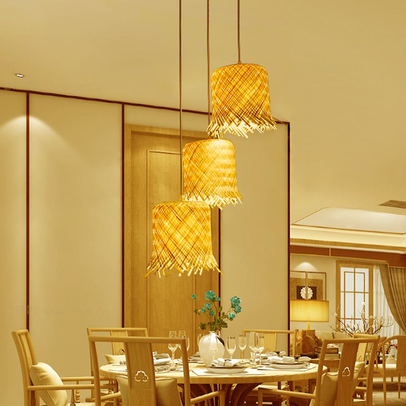 Asia Fringe Pendant Lighting Fixture Bamboo 1 Light Kitchen Hanging Lamp Kit in Beige