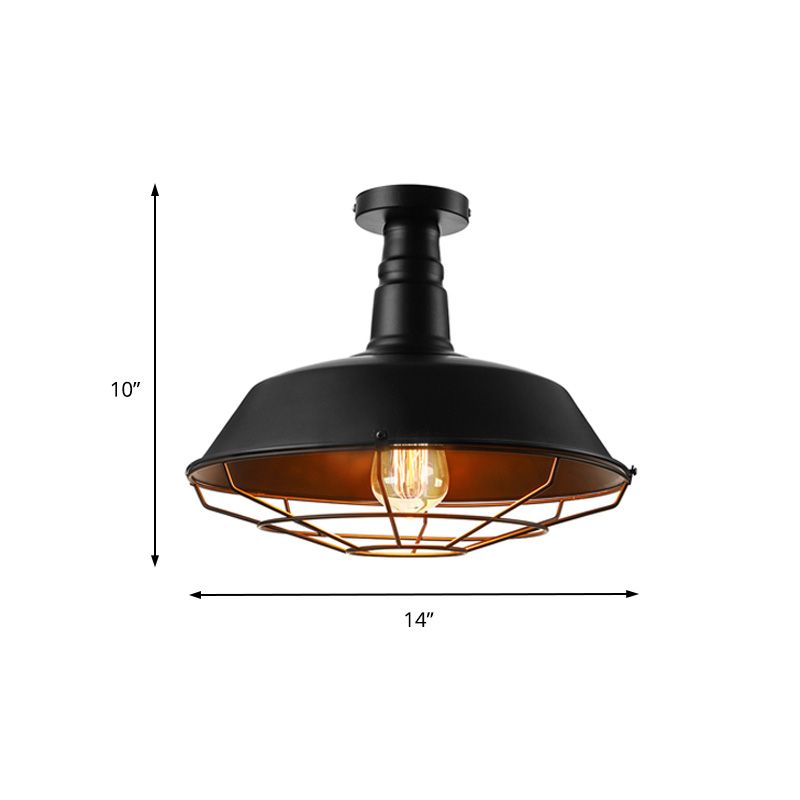 Lámpara de techo de jaula negra, estilo vintage, metal, 1 cabezal, iluminación de montaje semiempotrado para interiores con pantalla de granero, 10"/14"/18" W