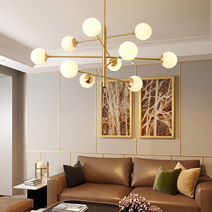 Post-Modern Hanging Chandelier Light Satin Opal Glass Ceiling Chandelier in Gold for Living Room