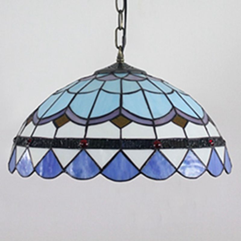 Domed Hanging Pendant Light Stained Glass Mediterranean Pendant Light Fixture in Blue