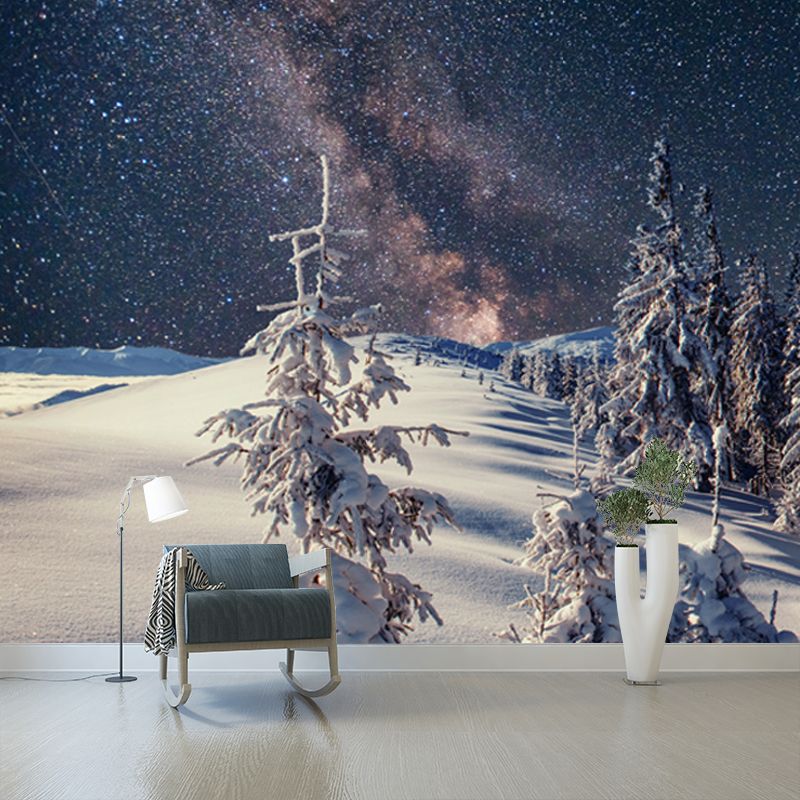 Nordic Milky Way Wallpaper Mural Grey Snowy Cypress Landscape Wall Decor for Home