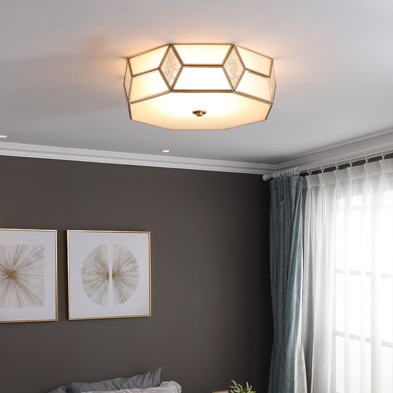 Polyhedron Shaped Frost Glass Flush Mount Traditional Bedroom Flushmount Ceiling Light in Gold