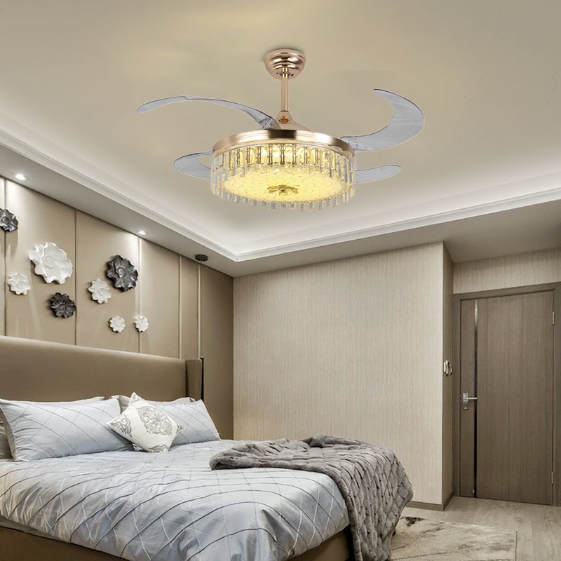 Gold Round Ceiling Fan Light Modern LED Crystal Semi Mount Lighting with Remote Control/Wall Control