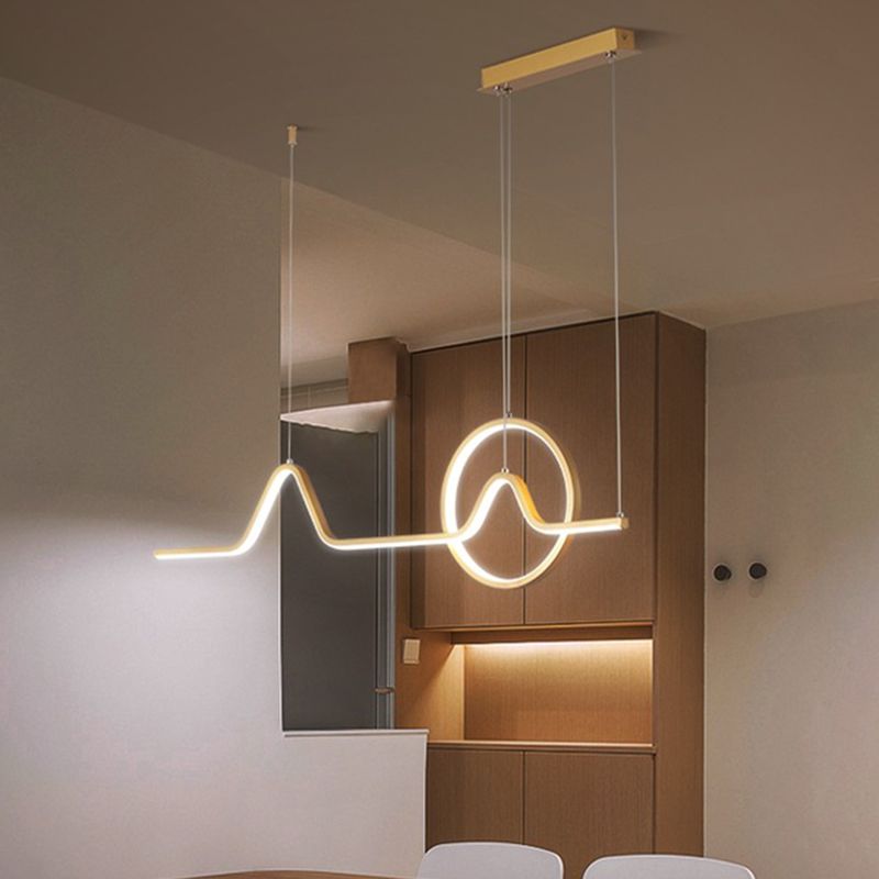 Aluminum Linear LED Island Lighting Modern Black/Gold Hanging Light Kit with Sun and Mountain Design, Warm/White Light