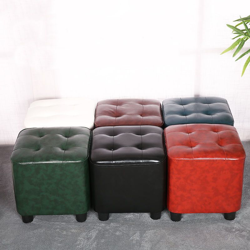 Modern Square Pouf Pure Color Tufted Upholstered Faux Leather Cube Ottoman