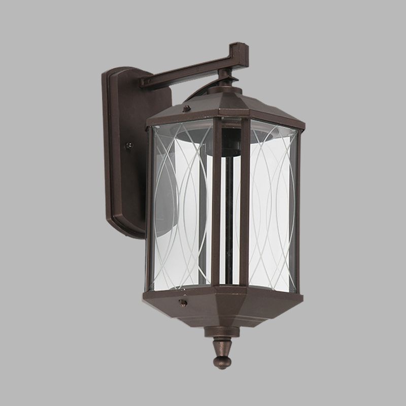 1-Head Cuboid Wall Mount Lighting Lodges Dark Coffee Clear Textured Glass Wall Sconce Lamp