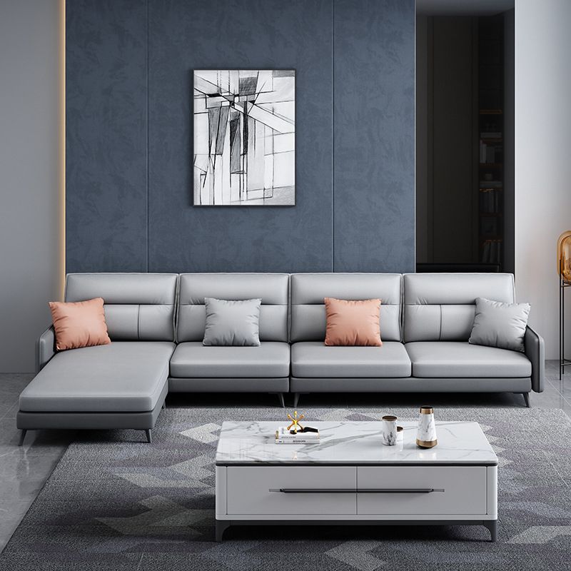 4-seat Sewn Pillow Back Sofa & Chaise Faux Leather Retro Sofa