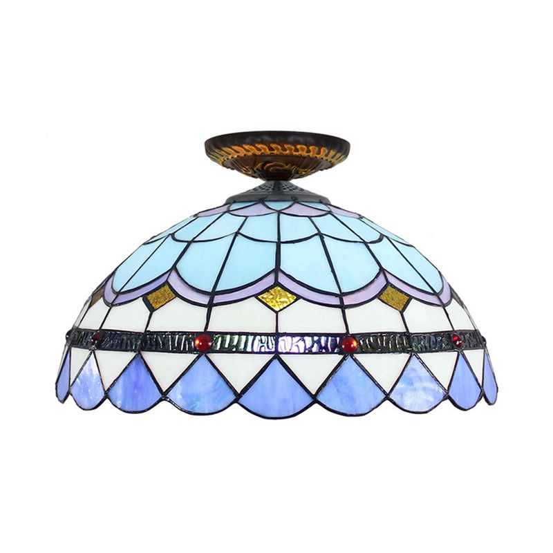Yellow/Blue 1 Bulb Flush Mount Lighting Tiffany Hand Rolled Art Glass Floral Close to Ceiling Light, 12"/16" W