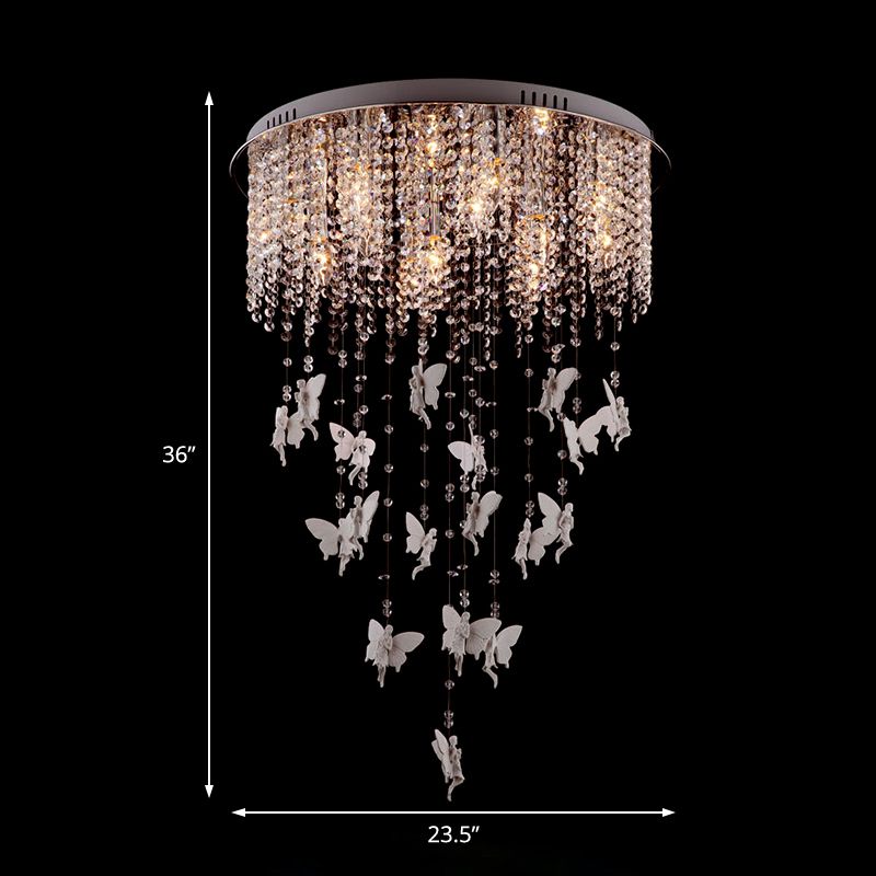 16"/19.5"/23.5" W Silver Round Flush Ceiling Light Modernist 5/8/10 Lights Cascading Glass Crystal Shaded Flushmount Lighting