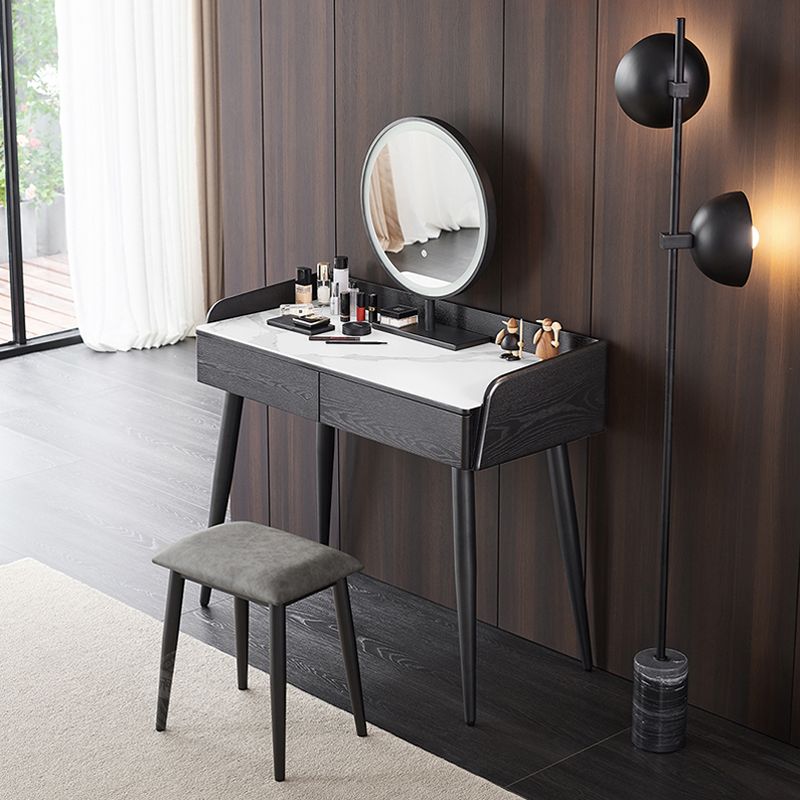 Contemporary Stone Vanity, 2 Storage Drawers With Stool, Black/White