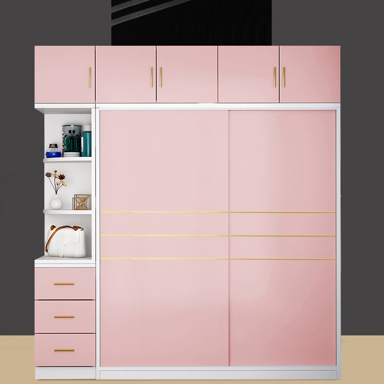 Pink Hanging Clothes Rack Wooden Wardrobe Armoire with Lower Storage Drawers