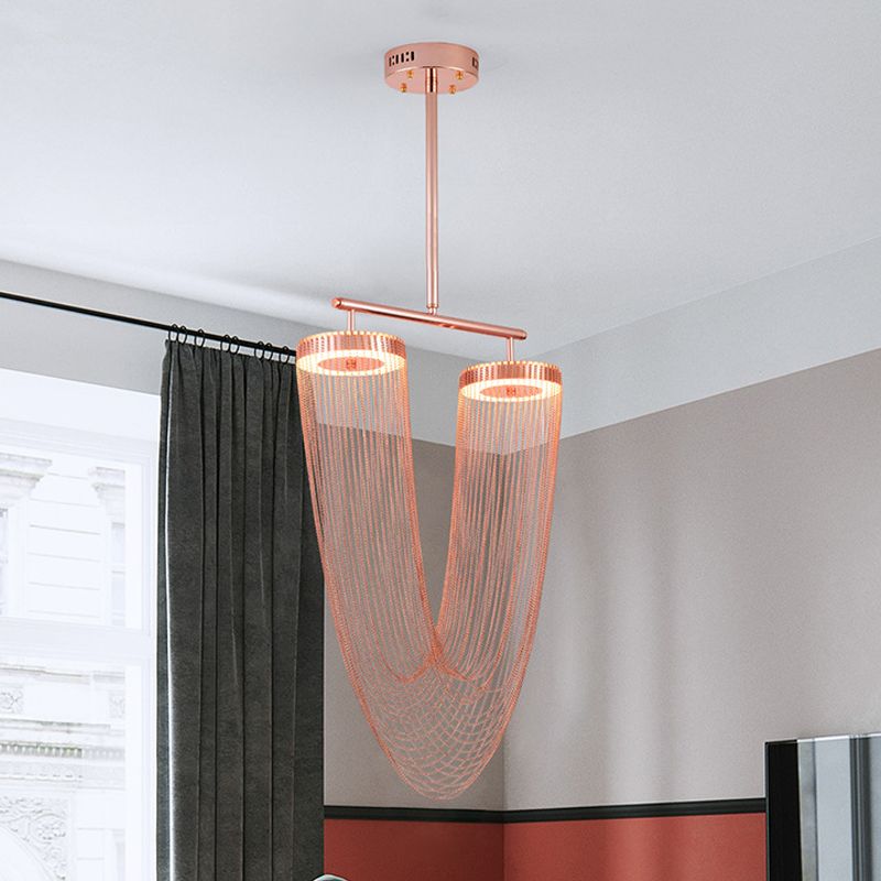 Rose Gold V Shaped Chain Fringe Pendant Modern Vogue Hand Braided Aluminum LED Hanging Ceiling Light for Loft House