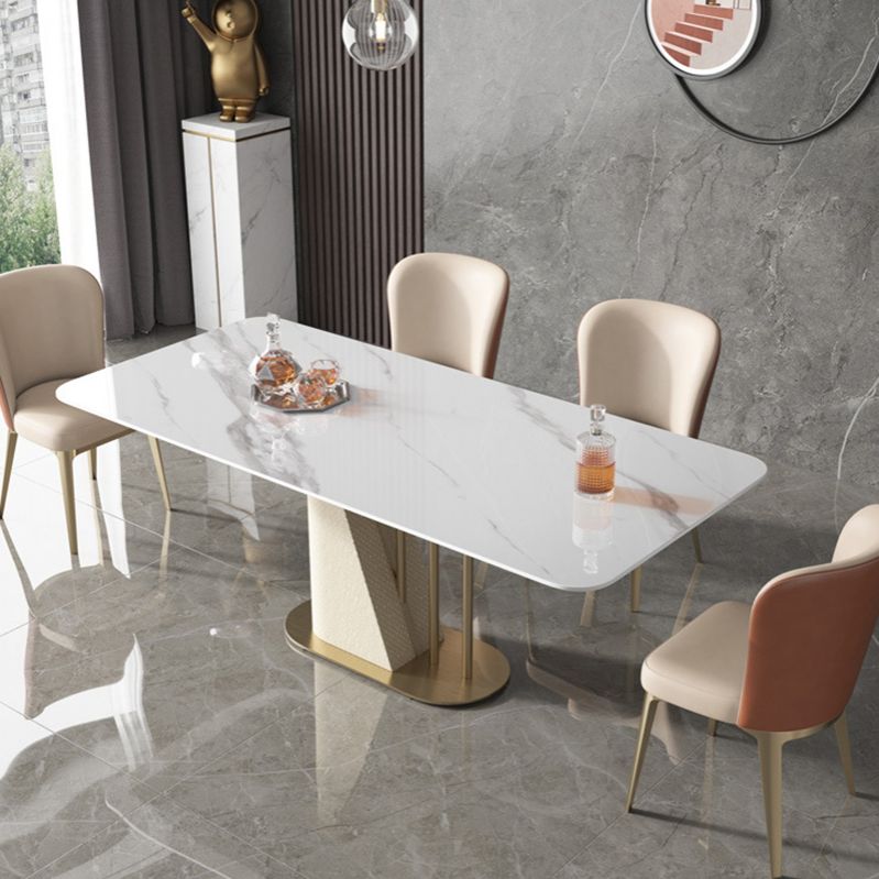 Stone Top Dining Table White Traditional Luxury Table with Pedestal Base