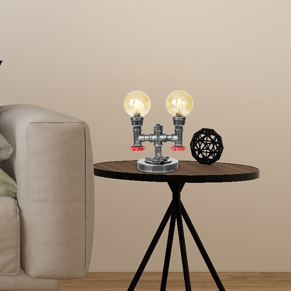 Lámpara de mesa industrial con pantalla redonda, 2 luces, luz de escritorio de vidrio transparente/ámbar en plata antigua con base