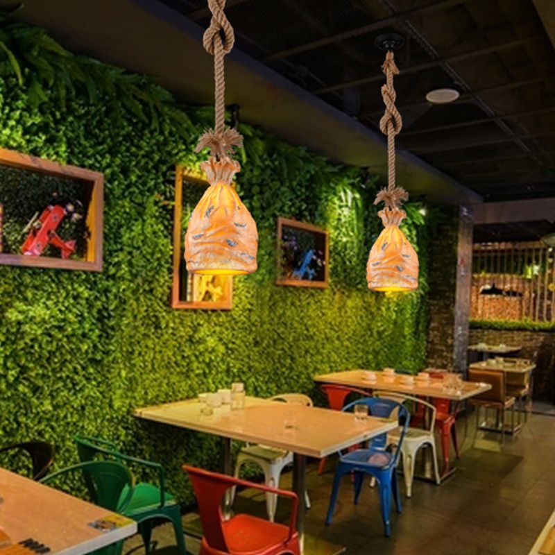 1 Bulb Resin Pendant Light Traditional Dark Brown/Beige Money Sack Ceiling Suspension Lamp