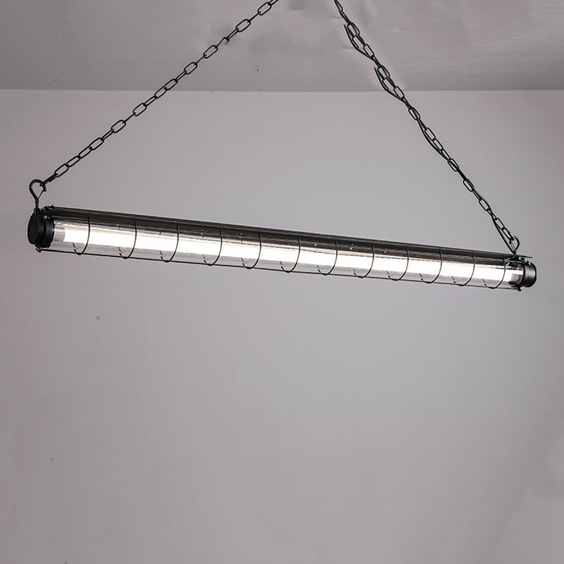 Black Metal Island Light Fixture Industrial Cylinder LED Hanging Lamp with Glass Shade