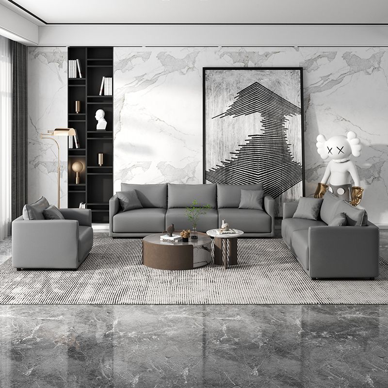 27.16" High Gray Sofa Faux Leather Tuxedo Arm Sofa with Pillows