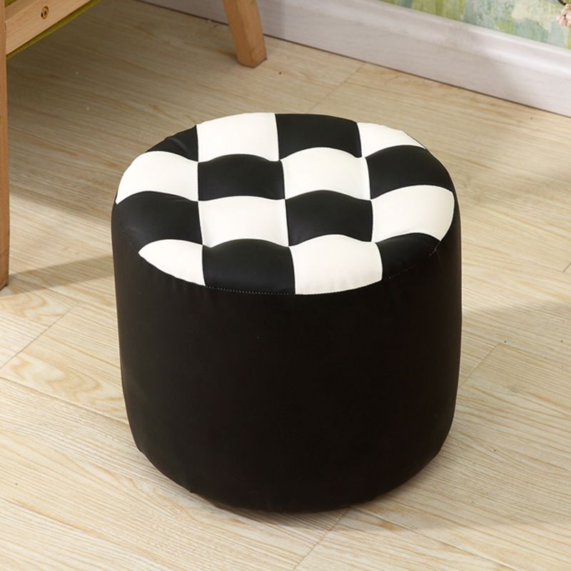 Ottoman Round Faux Leather Plaid Print Modern Tufted Tufted Ottoman