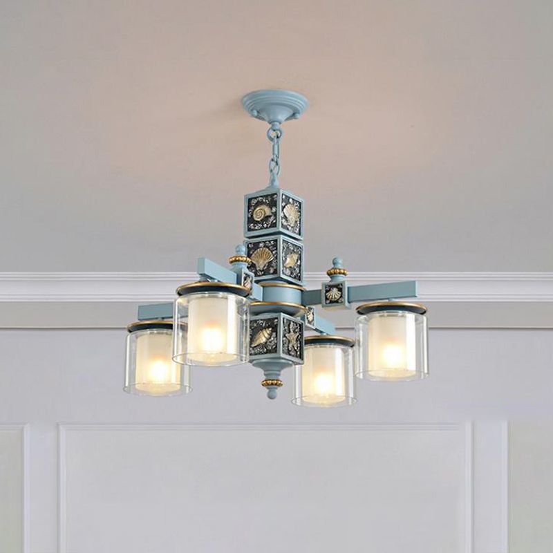 Sky/Light Blue Dual Cylinder Chandelier Nordic 4 Bulbs Clear and Opal Glass Down Lighting with Conch Design