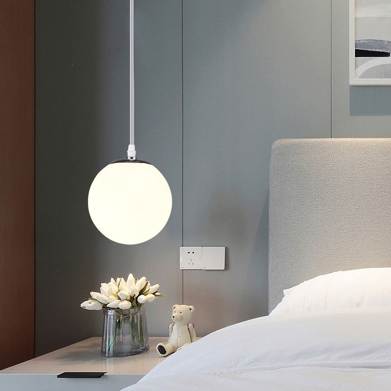 Chrome Finish Spherical Hanging Light Minimalist 1 Head White Glass Pendant for Dinner