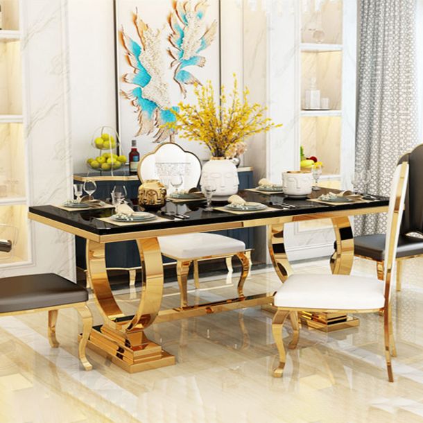 Traditional Luxury Marble Dining Table Rectangle Table with Metal Base in Gold